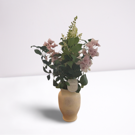 Artificial Floral Arrangement in Ceramic Vase – Realistic Faux Flowers with Pink Blooms & Greenery for Home Décor
